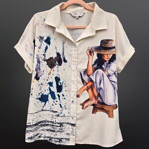 Y2K Allover Print Blouse Size M Boho Artsy Coastal Grandma Short Sleeve Beach